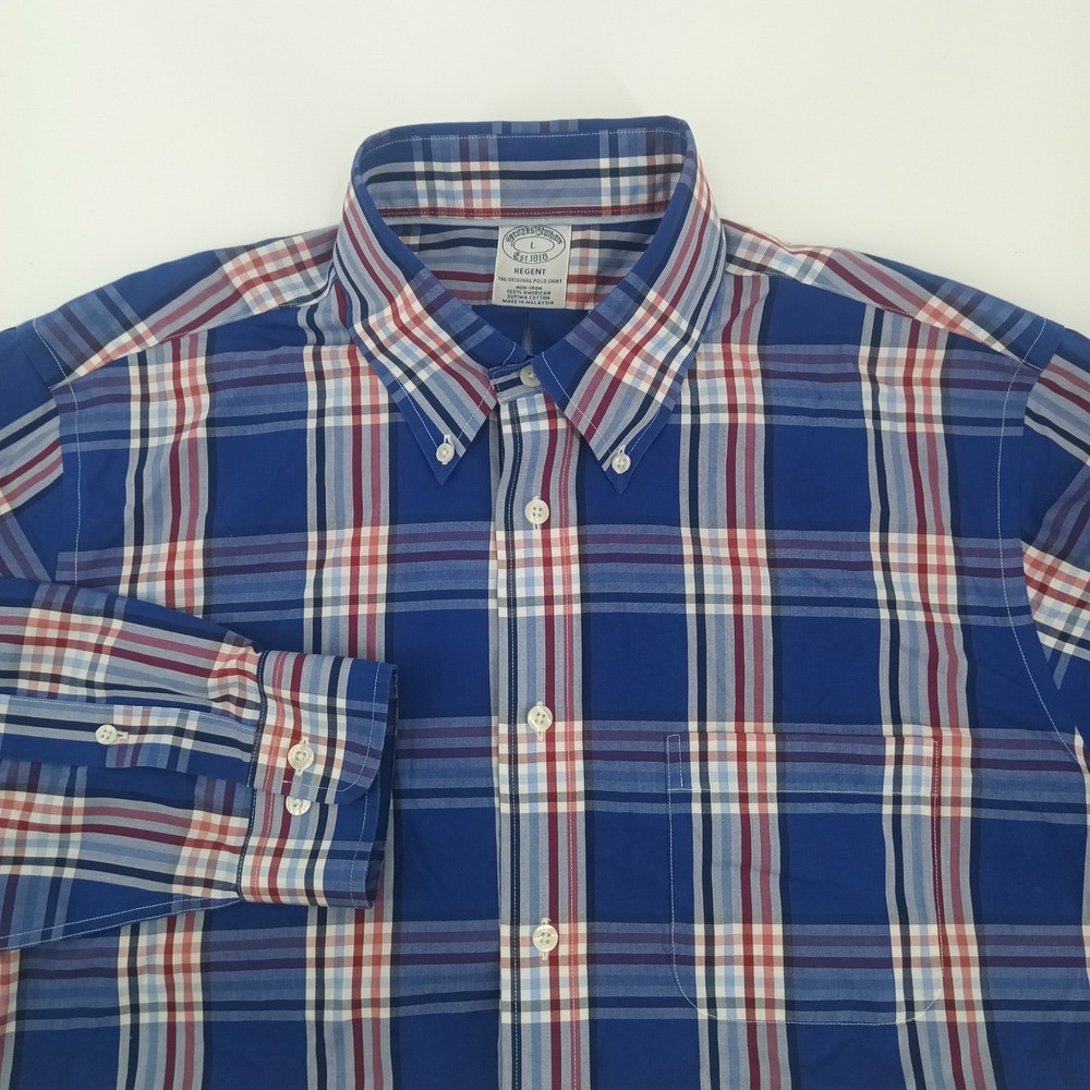 Brooks Brothers Regent Non-Iron Supima Cotton Blue Plaid Button Down Mens Sz L